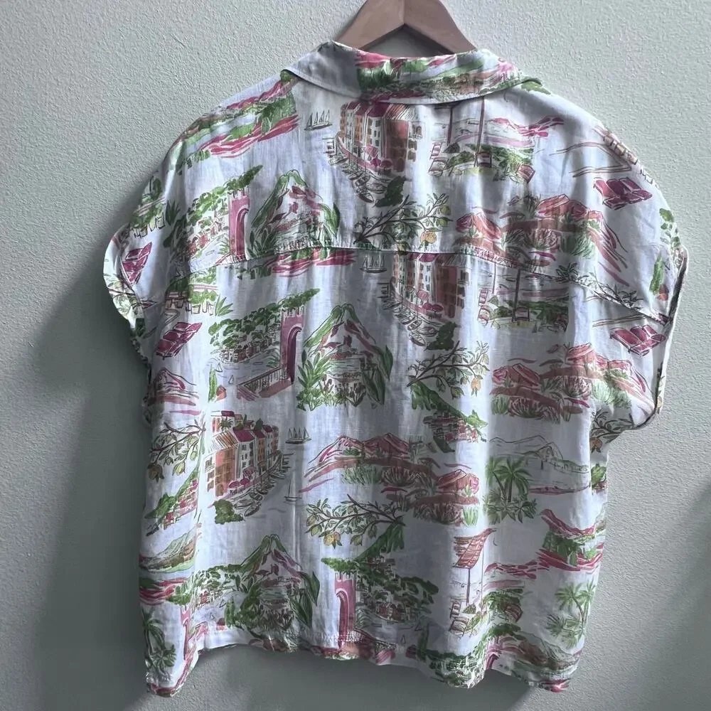Cynthia Rowley Tropical 100% Linen Button Up Beachy Top Womens XL Vacation Blues - Picture 2 of 9